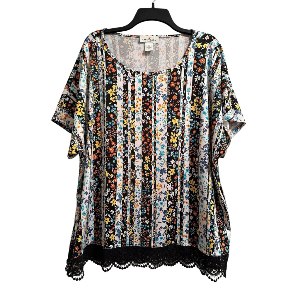 Larky Lark Floral Tunic Blouse Lace Hem Womens 1X Multicolor Short Sleeves - Picture 4 of 17